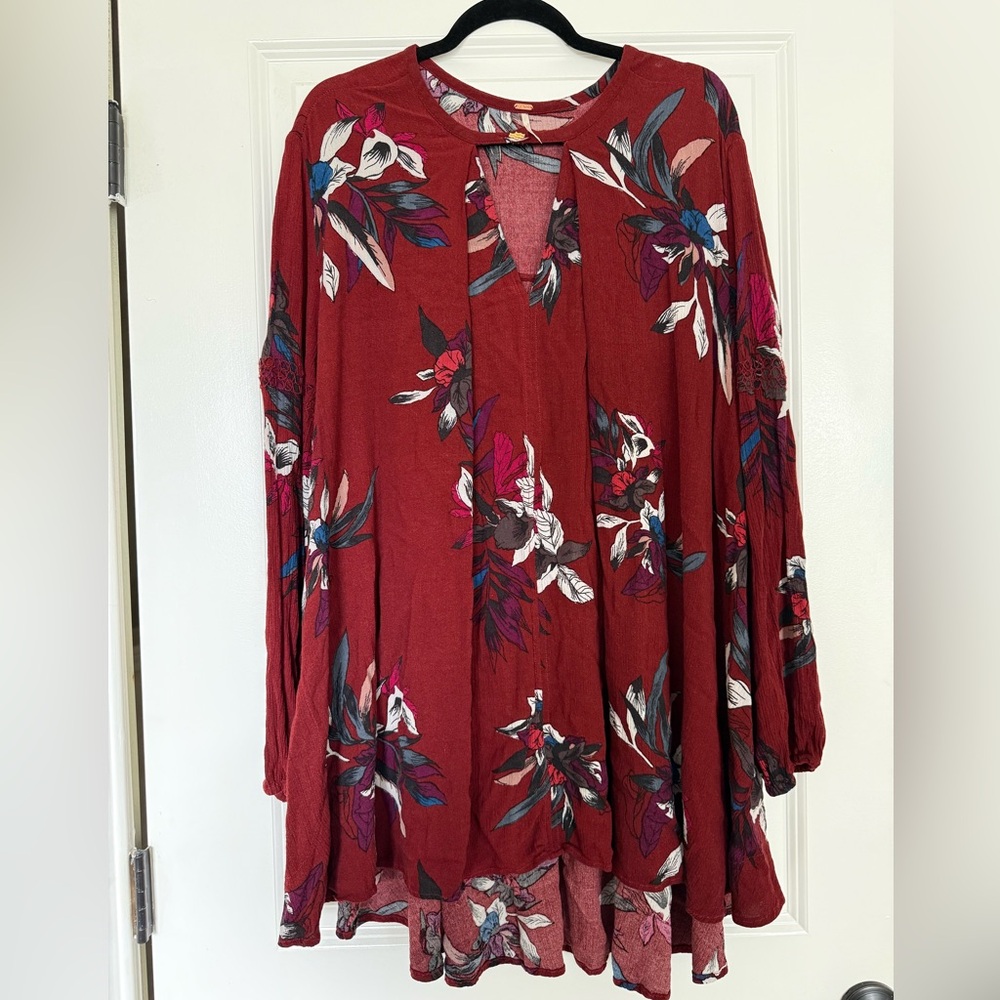 Free People Tree Swing Burgundy Floral Print Keyhole Tunic Mini Dress